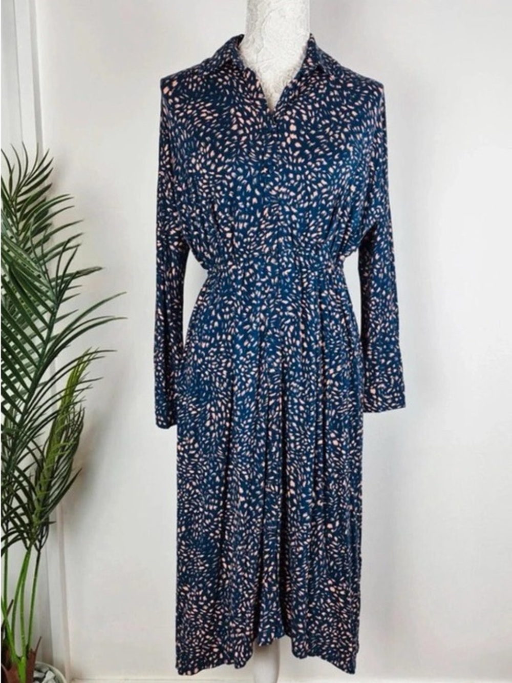 Navy Printed Maxi Shirt Dress with Pink Scatter